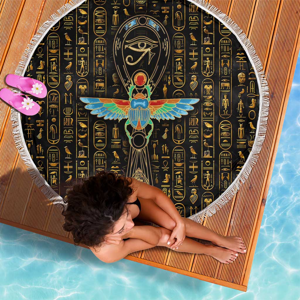 Ancient Pride Beach Blanket African Hieroglyphic Pattern, Eye of Horus, and Sacred Scarab Symbol - Wonder Print Shop