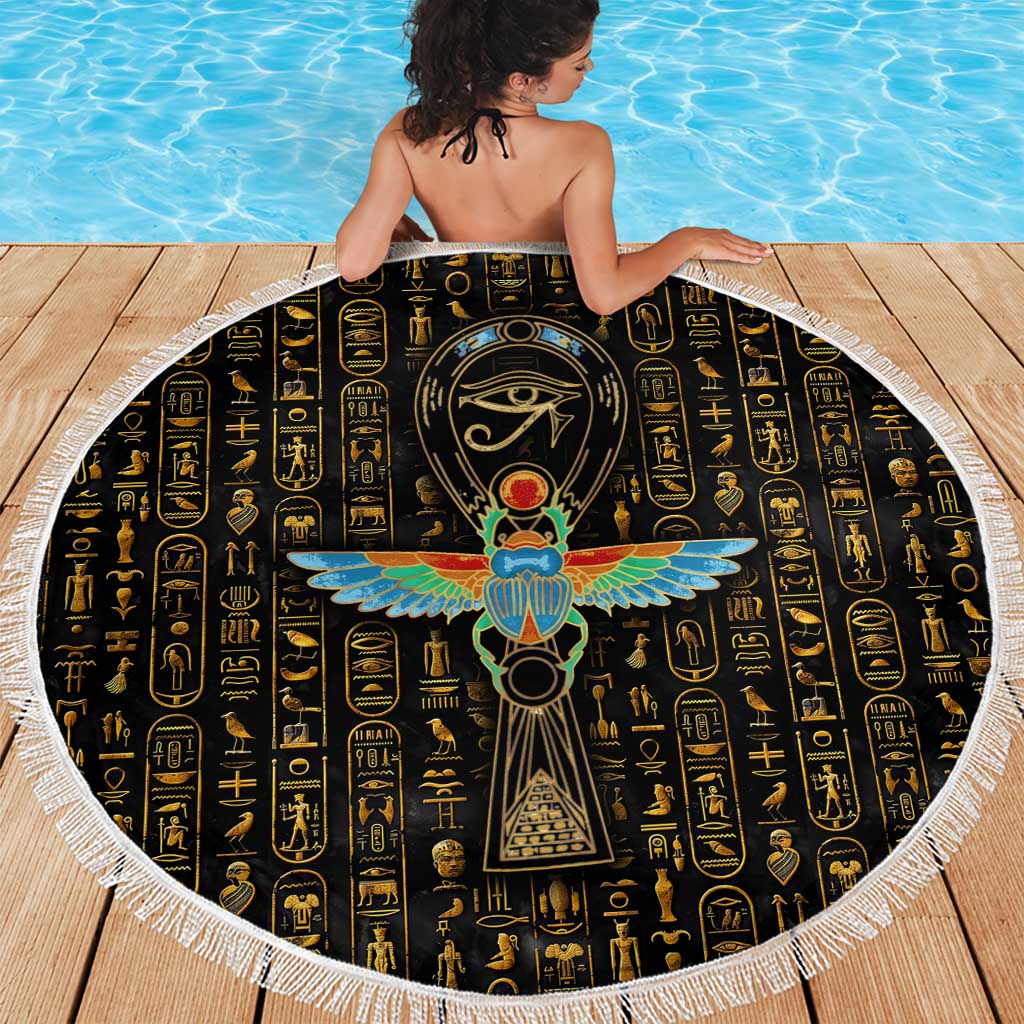 Ancient Pride Beach Blanket African Hieroglyphic Pattern, Eye of Horus, and Sacred Scarab Symbol - Wonder Print Shop