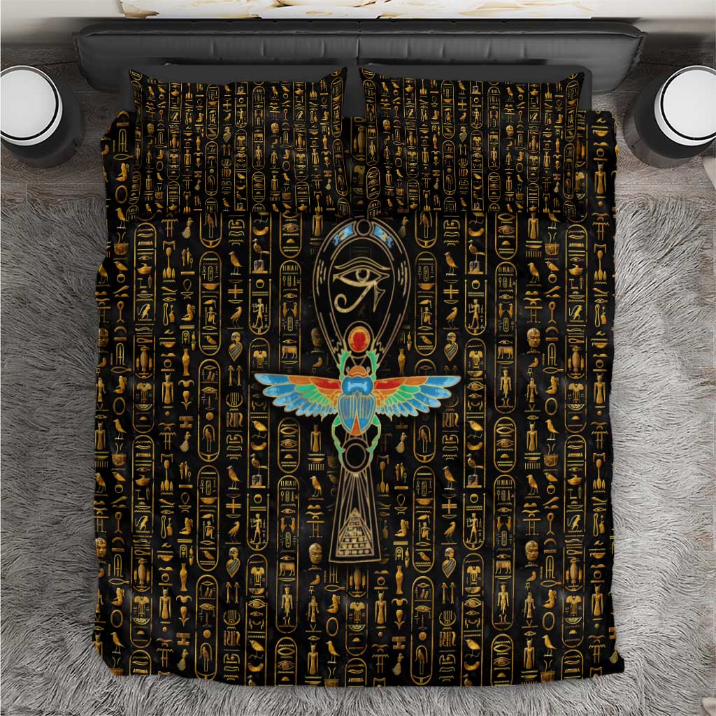 Ancient Pride Bedding Set African Hieroglyphic Pattern, Eye of Horus, and Sacred Scarab Symbol - Wonder Print Shop