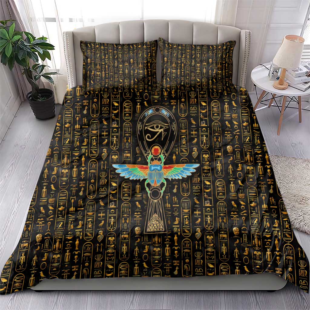 Ancient Pride Bedding Set African Hieroglyphic Pattern, Eye of Horus, and Sacred Scarab Symbol - Wonder Print Shop