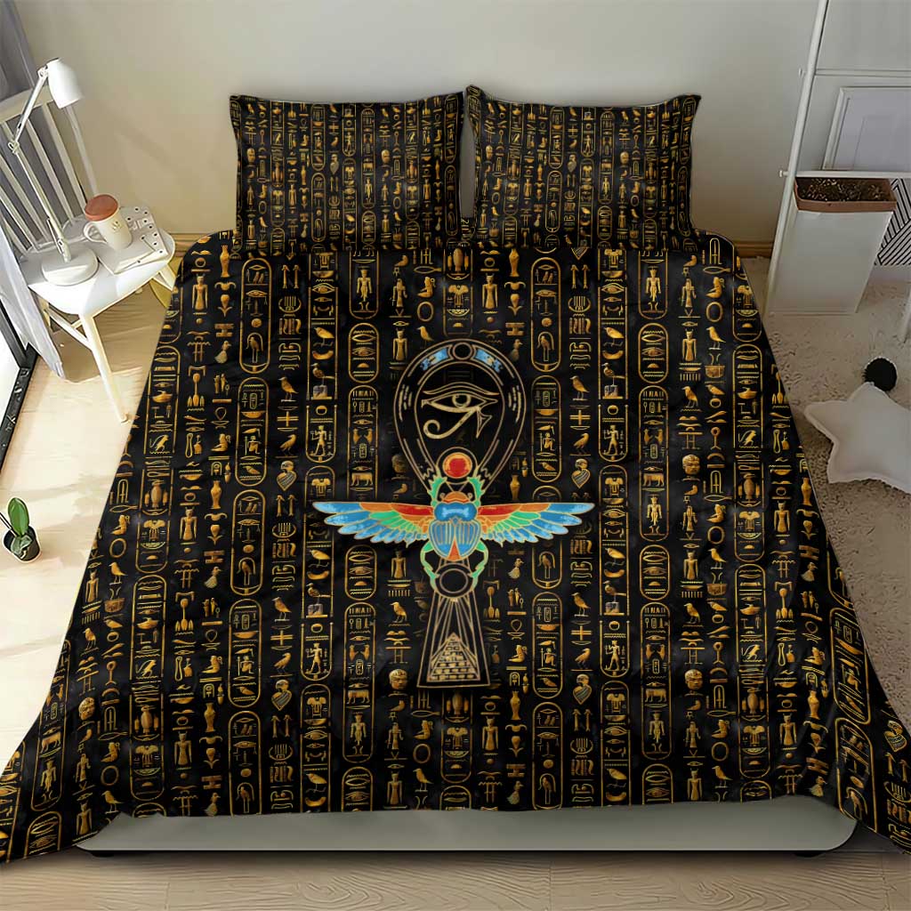 Ancient Pride Bedding Set African Hieroglyphic Pattern, Eye of Horus, and Sacred Scarab Symbol - Wonder Print Shop