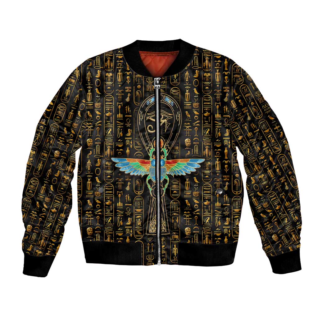Ancient Pride Bomber Jacket African Hieroglyphic Pattern, Eye of Horus, and Sacred Scarab Symbol - Wonder Print Shop