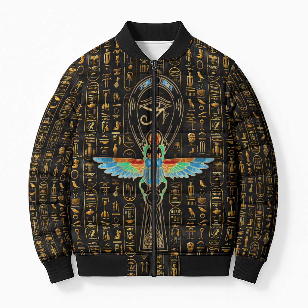 Ancient Pride Bomber Puffer Jacket African Hieroglyphic Pattern, Eye of Horus, and Sacred Scarab Symbol - Wonder Print Shop