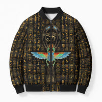 Ancient Pride Bomber Puffer Jacket African Hieroglyphic Pattern, Eye of Horus, and Sacred Scarab Symbol - Wonder Print Shop
