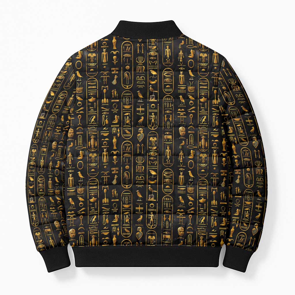 Ancient Pride Bomber Puffer Jacket African Hieroglyphic Pattern, Eye of Horus, and Sacred Scarab Symbol - Wonder Print Shop