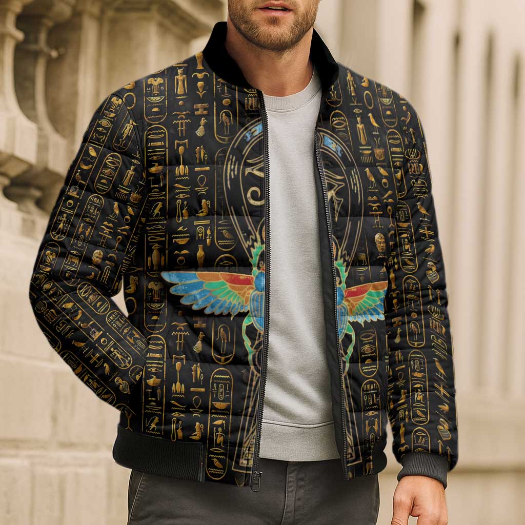 Ancient Pride Bomber Puffer Jacket African Hieroglyphic Pattern, Eye of Horus, and Sacred Scarab Symbol - Wonder Print Shop