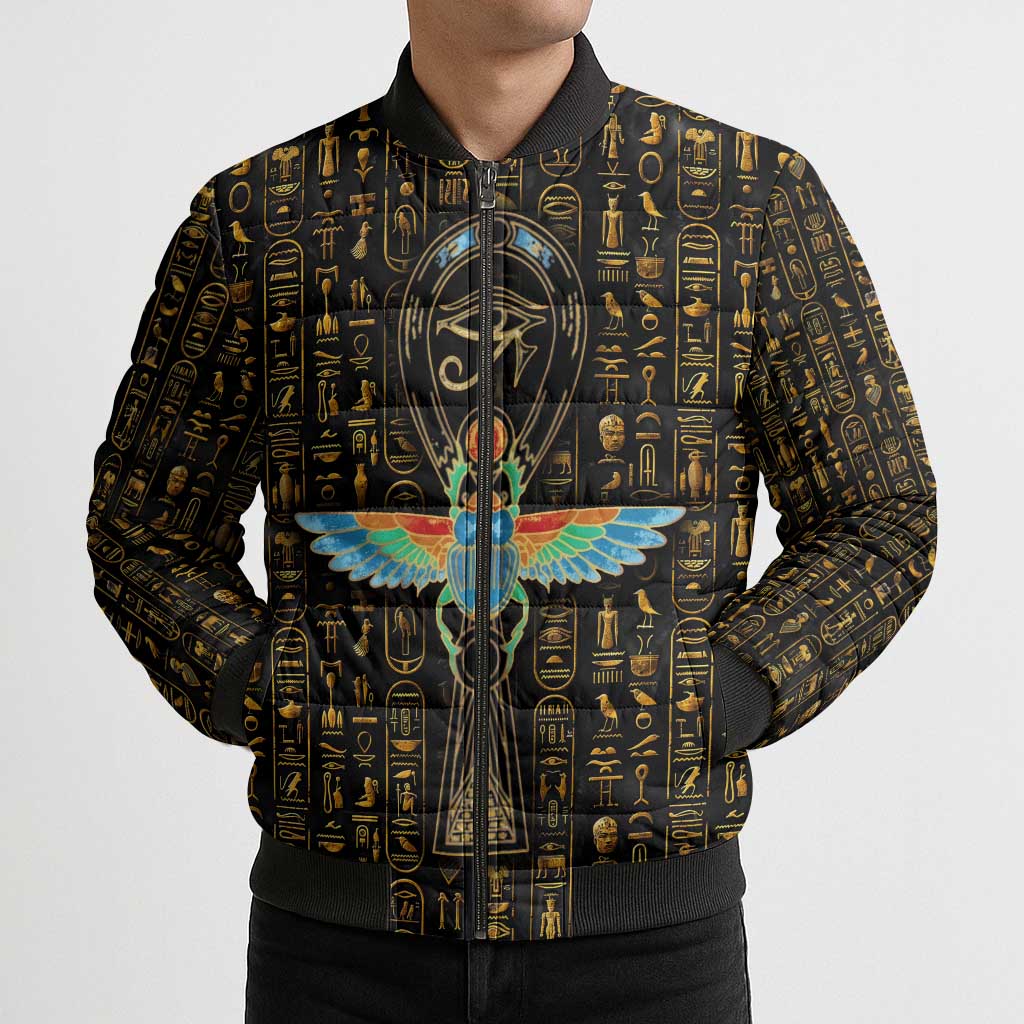 Ancient Pride Bomber Puffer Jacket African Hieroglyphic Pattern, Eye of Horus, and Sacred Scarab Symbol - Wonder Print Shop