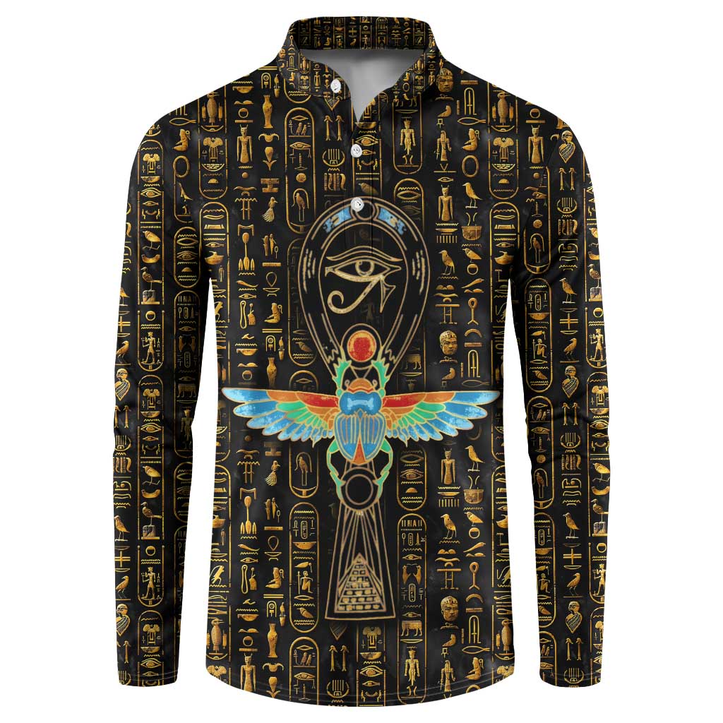 Ancient Pride Button Sweatshirt African Hieroglyphic Pattern, Eye of Horus, and Sacred Scarab Symbol - Wonder Print Shop