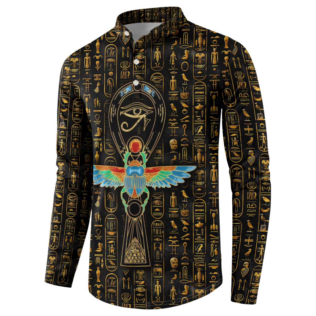 Ancient Pride Button Sweatshirt African Hieroglyphic Pattern, Eye of Horus, and Sacred Scarab Symbol - Wonder Print Shop
