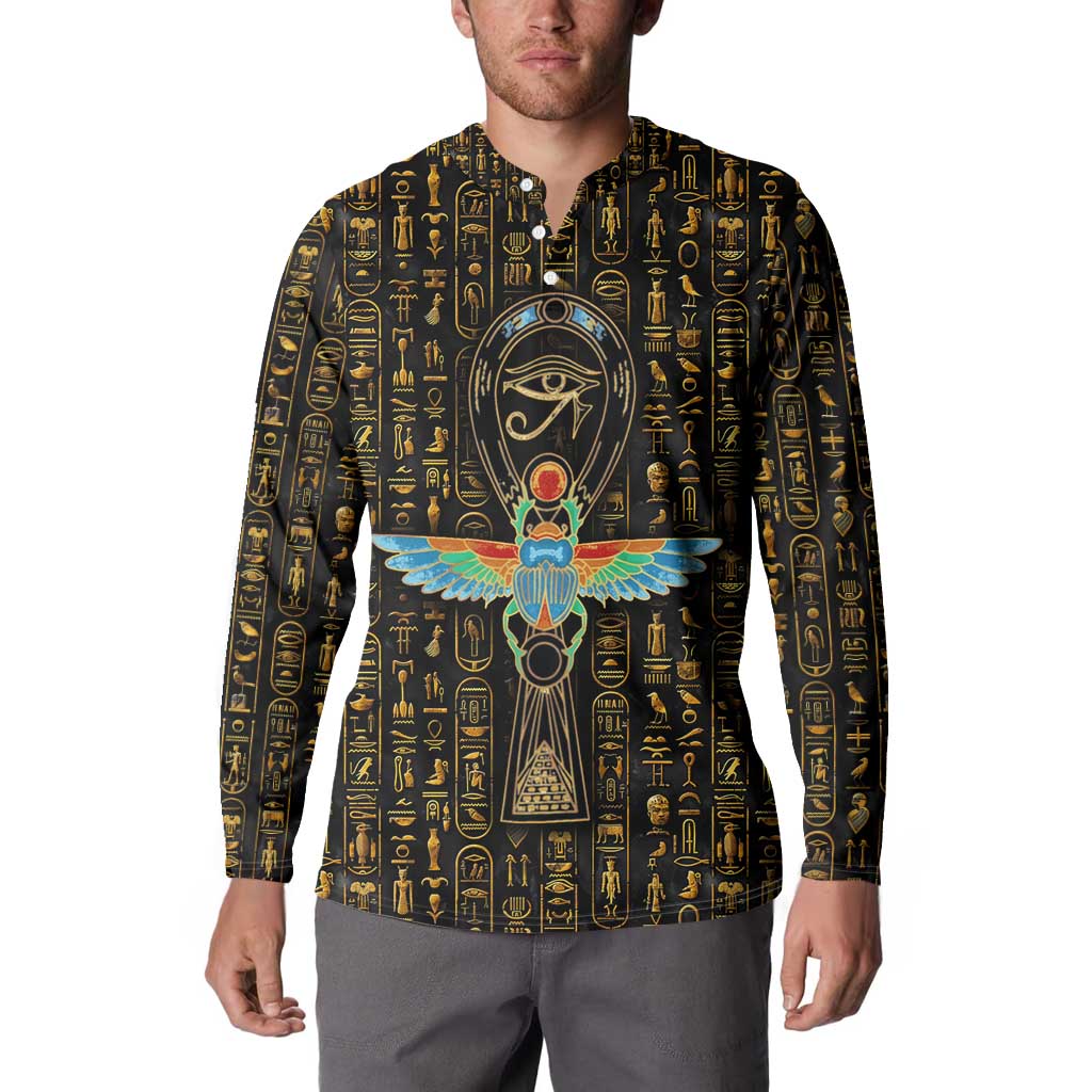 Ancient Pride Button Sweatshirt African Hieroglyphic Pattern, Eye of Horus, and Sacred Scarab Symbol - Wonder Print Shop