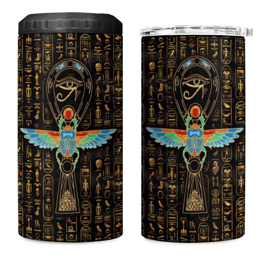 Ancient Pride 4 in 1 Can Cooler Tumbler African Hieroglyphic Pattern, Eye of Horus, and Sacred Scarab Symbol - Wonder Print Shop