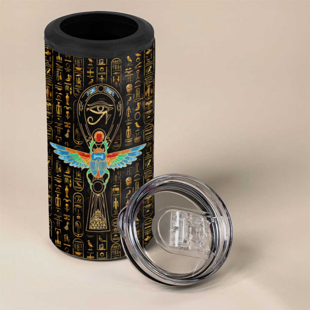 Ancient Pride 4 in 1 Can Cooler Tumbler African Hieroglyphic Pattern, Eye of Horus, and Sacred Scarab Symbol - Wonder Print Shop