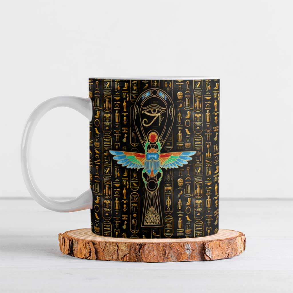 Ancient Pride Ceramic Mug African Hieroglyphic Pattern, Eye of Horus, and Sacred Scarab Symbol - Wonder Print Shop