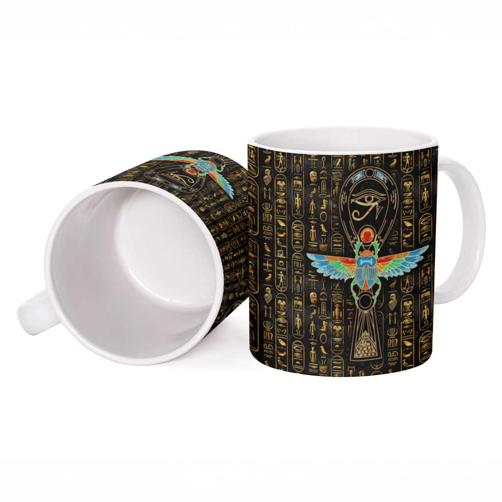 Ancient Pride Ceramic Mug African Hieroglyphic Pattern, Eye of Horus, and Sacred Scarab Symbol - Wonder Print Shop