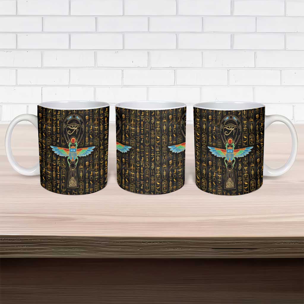 Ancient Pride Ceramic Mug African Hieroglyphic Pattern, Eye of Horus, and Sacred Scarab Symbol - Wonder Print Shop