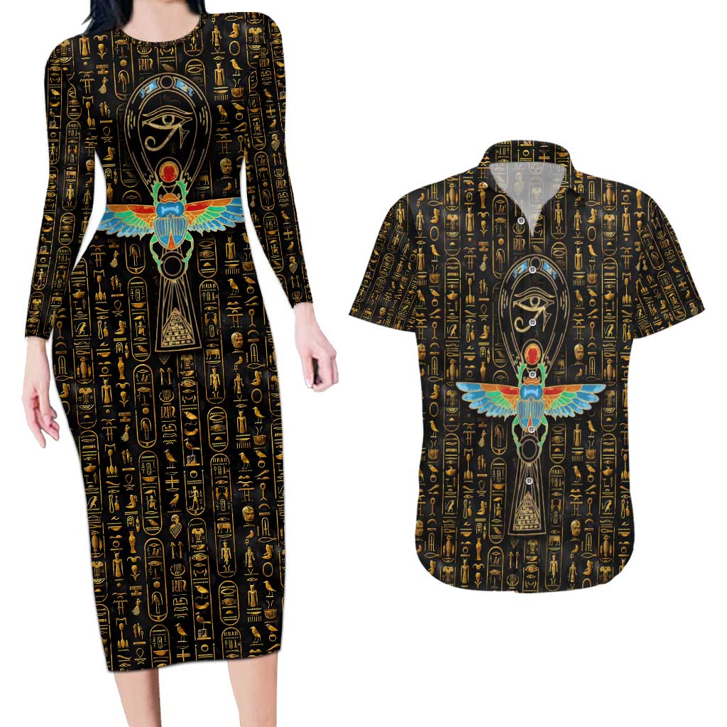 Ancient Pride Couples Matching Long Sleeve Bodycon Dress and Hawaiian Shirt African Hieroglyphic Pattern, Eye of Horus, and Sacred Scarab Symbol - Wonder Print Shop