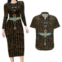 Ancient Pride Couples Matching Long Sleeve Bodycon Dress and Hawaiian Shirt African Hieroglyphic Pattern, Eye of Horus, and Sacred Scarab Symbol - Wonder Print Shop