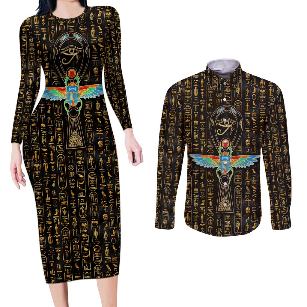 Ancient Pride Couples Matching Long Sleeve Bodycon Dress and Long Sleeve Button Shirt African Hieroglyphic Pattern, Eye of Horus, and Sacred Scarab Symbol - Wonder Print Shop