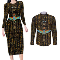 Ancient Pride Couples Matching Long Sleeve Bodycon Dress and Long Sleeve Button Shirt African Hieroglyphic Pattern, Eye of Horus, and Sacred Scarab Symbol - Wonder Print Shop