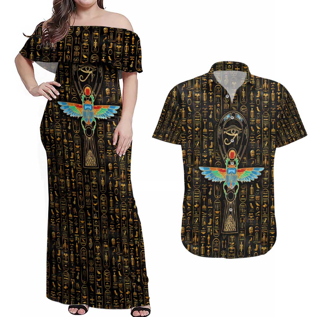 Ancient Pride Couples Matching Off Shoulder Maxi Dress and Hawaiian Shirt African Hieroglyphic Pattern, Eye of Horus, and Sacred Scarab Symbol - Wonder Print Shop