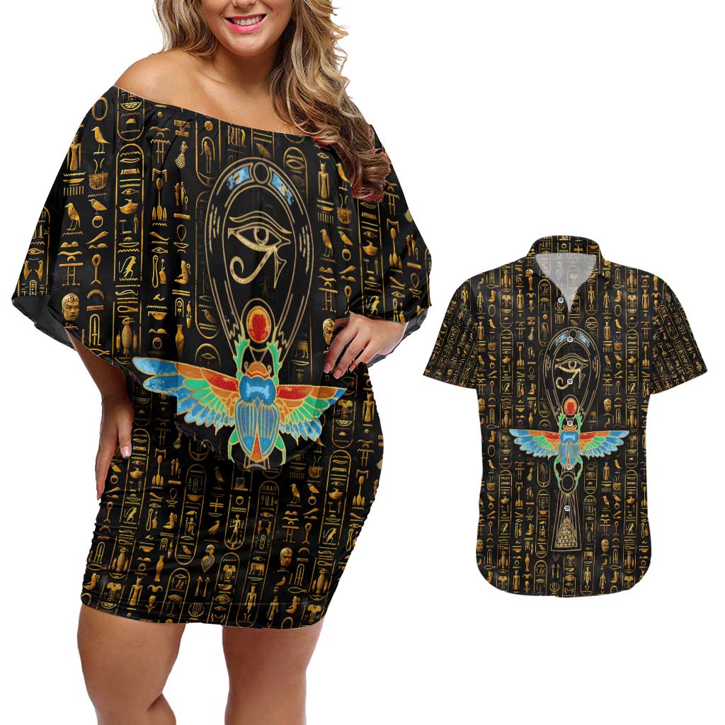 Ancient Pride Couples Matching Off Shoulder Short Dress and Hawaiian Shirt African Hieroglyphic Pattern, Eye of Horus, and Sacred Scarab Symbol - Wonder Print Shop