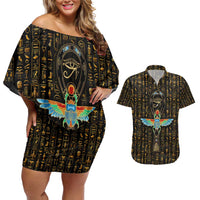 Ancient Pride Couples Matching Off Shoulder Short Dress and Hawaiian Shirt African Hieroglyphic Pattern, Eye of Horus, and Sacred Scarab Symbol - Wonder Print Shop