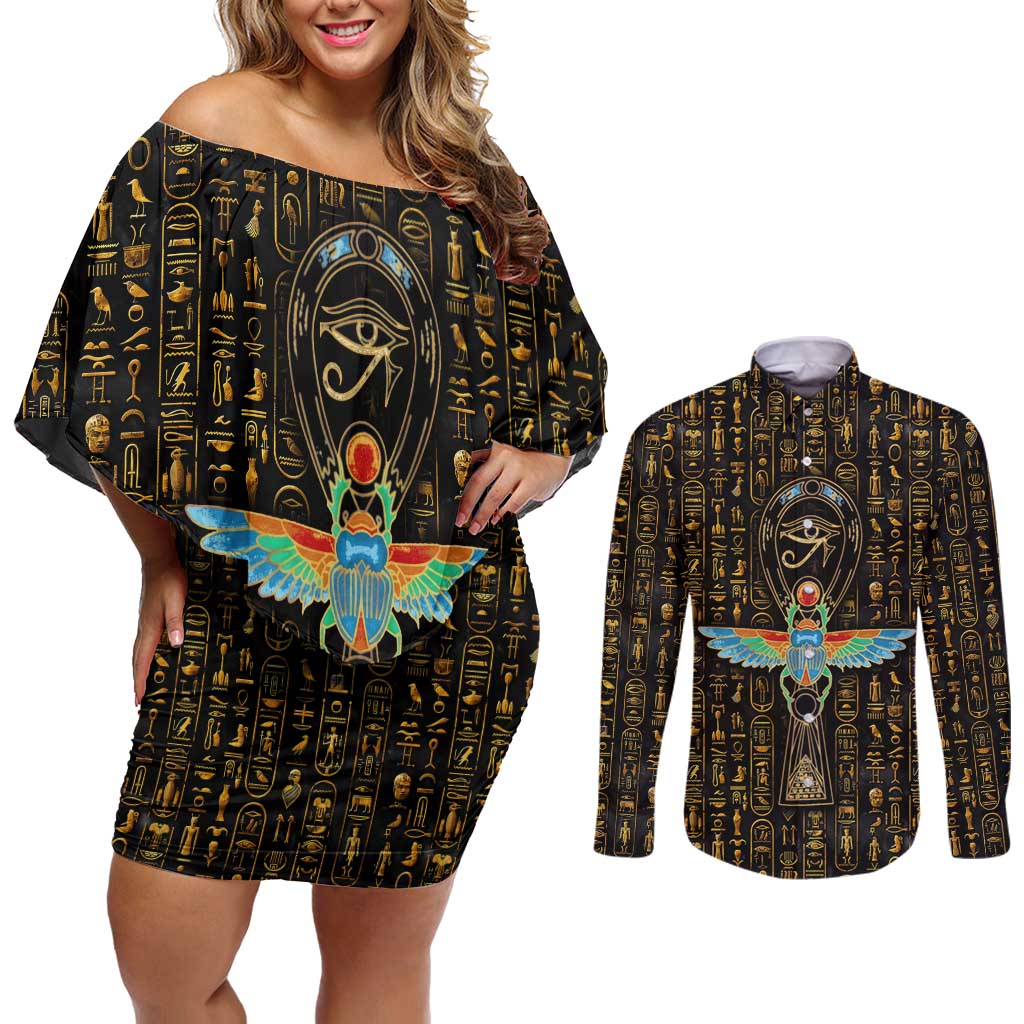Ancient Pride Couples Matching Off Shoulder Short Dress and Long Sleeve Button Shirt African Hieroglyphic Pattern, Eye of Horus, and Sacred Scarab Symbol - Wonder Print Shop