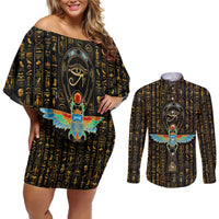 Ancient Pride Couples Matching Off Shoulder Short Dress and Long Sleeve Button Shirt African Hieroglyphic Pattern, Eye of Horus, and Sacred Scarab Symbol - Wonder Print Shop