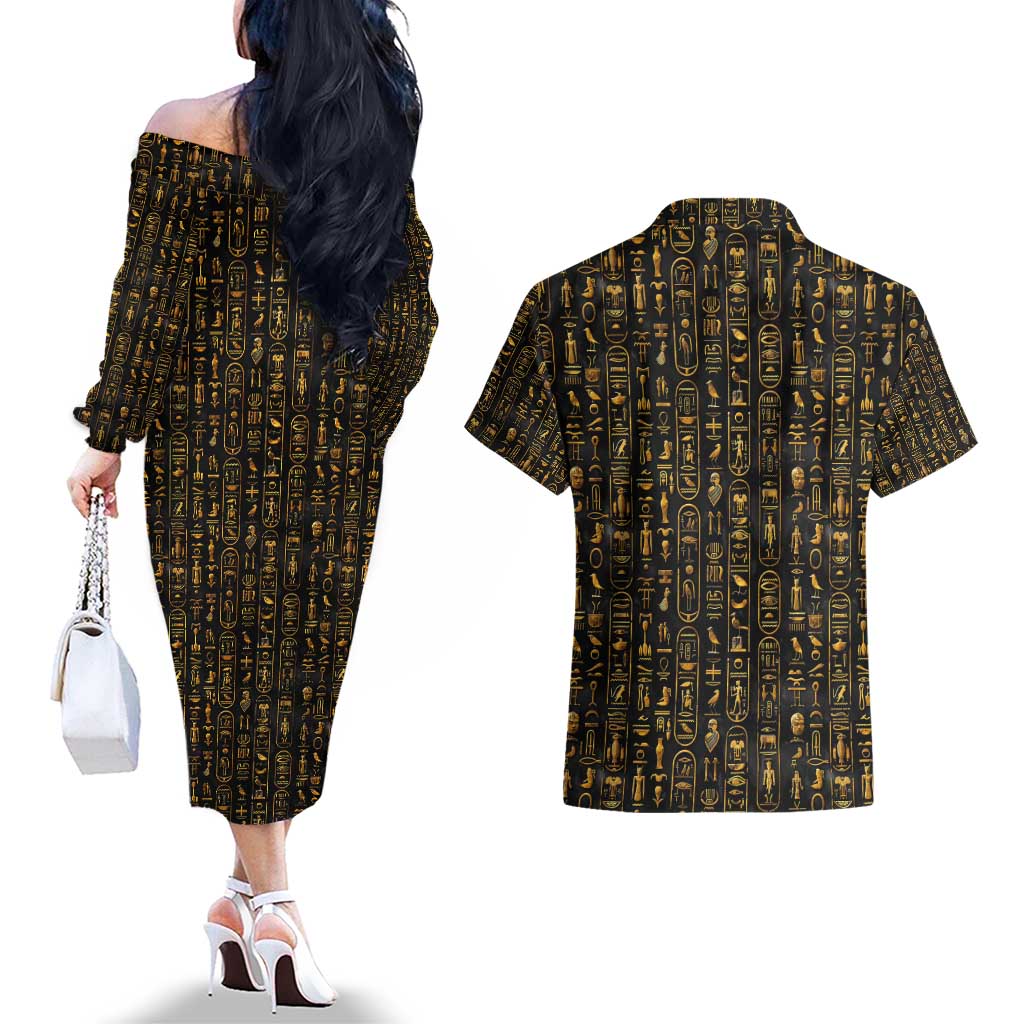 Ancient Pride Couples Matching Off The Shoulder Long Sleeve Dress and Hawaiian Shirt African Hieroglyphic Pattern, Eye of Horus, and Sacred Scarab Symbol - Wonder Print Shop