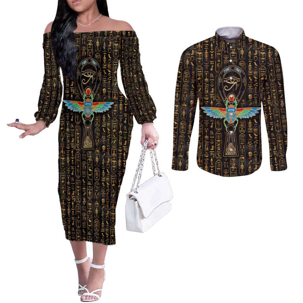 Ancient Pride Couples Matching Off The Shoulder Long Sleeve Dress and Long Sleeve Button Shirt African Hieroglyphic Pattern, Eye of Horus, and Sacred Scarab Symbol - Wonder Print Shop