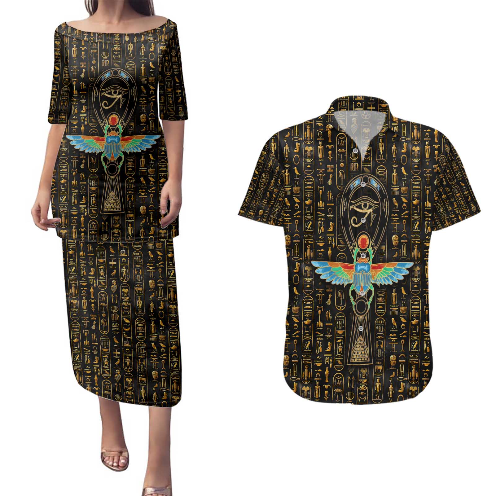 Ancient Pride Couples Matching Puletasi and Hawaiian Shirt African Hieroglyphic Pattern, Eye of Horus, and Sacred Scarab Symbol - Wonder Print Shop