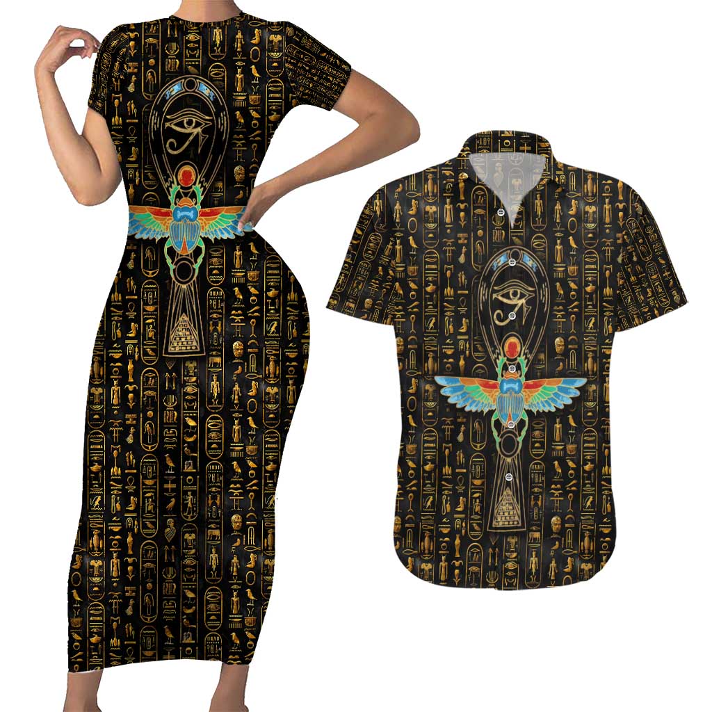 Ancient Pride Couples Matching Short Sleeve Bodycon Dress and Hawaiian Shirt African Hieroglyphic Pattern, Eye of Horus, and Sacred Scarab Symbol - Wonder Print Shop