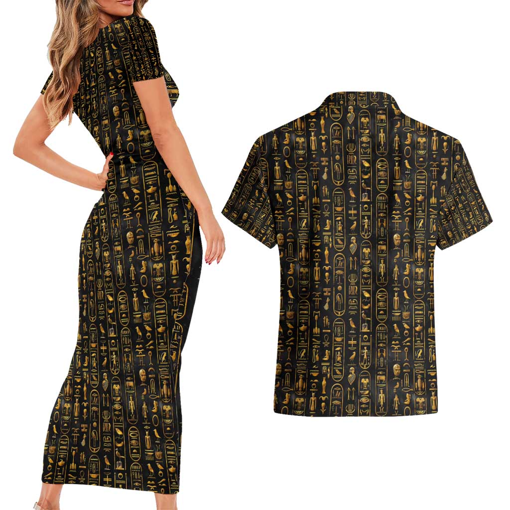 Ancient Pride Couples Matching Short Sleeve Bodycon Dress and Hawaiian Shirt African Hieroglyphic Pattern, Eye of Horus, and Sacred Scarab Symbol - Wonder Print Shop
