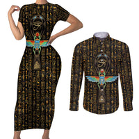 Ancient Pride Couples Matching Short Sleeve Bodycon Dress and Long Sleeve Button Shirt African Hieroglyphic Pattern, Eye of Horus, and Sacred Scarab Symbol - Wonder Print Shop