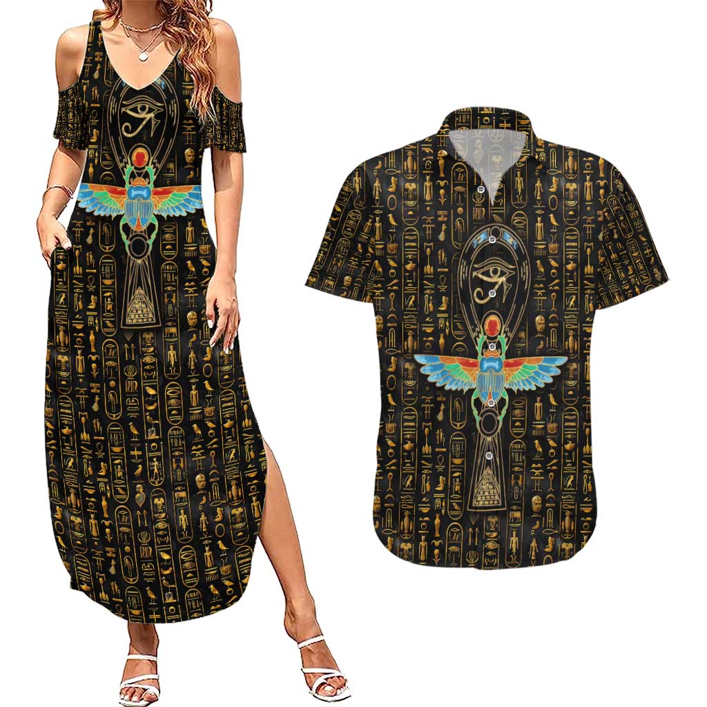 Ancient Pride Couples Matching Summer Maxi Dress and Hawaiian Shirt African Hieroglyphic Pattern, Eye of Horus, and Sacred Scarab Symbol - Wonder Print Shop