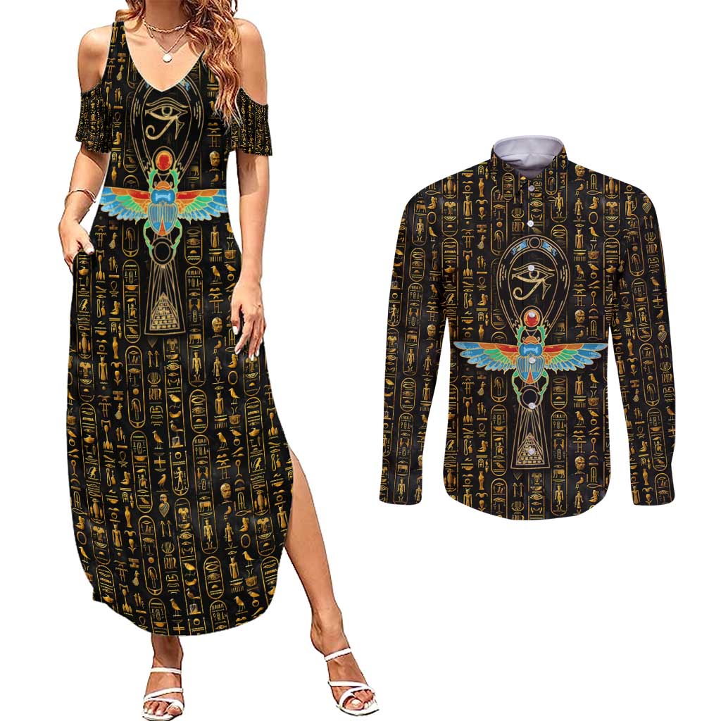 Ancient Pride Couples Matching Summer Maxi Dress and Long Sleeve Button Shirt African Hieroglyphic Pattern, Eye of Horus, and Sacred Scarab Symbol - Wonder Print Shop