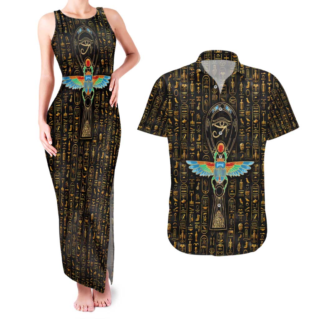 Ancient Pride Couples Matching Tank Maxi Dress and Hawaiian Shirt African Hieroglyphic Pattern, Eye of Horus, and Sacred Scarab Symbol - Wonder Print Shop