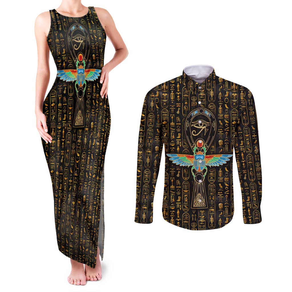Ancient Pride Couples Matching Tank Maxi Dress and Long Sleeve Button Shirt African Hieroglyphic Pattern, Eye of Horus, and Sacred Scarab Symbol - Wonder Print Shop