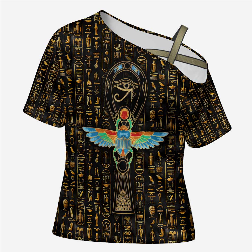Ancient Pride Cross Shoulder Shirt African Hieroglyphic Pattern, Eye of Horus, and Sacred Scarab Symbol - Wonder Print Shop