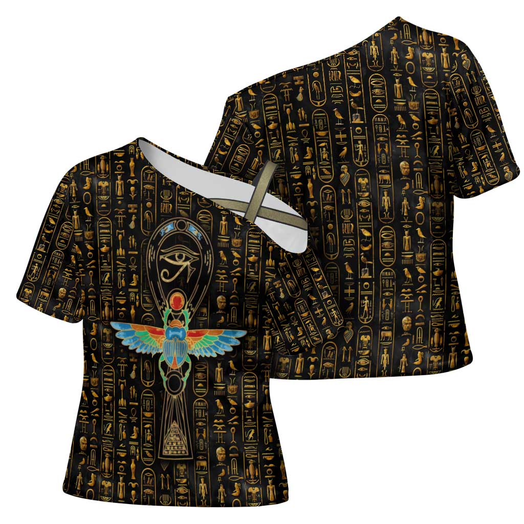 Ancient Pride Cross Shoulder Shirt African Hieroglyphic Pattern, Eye of Horus, and Sacred Scarab Symbol - Wonder Print Shop