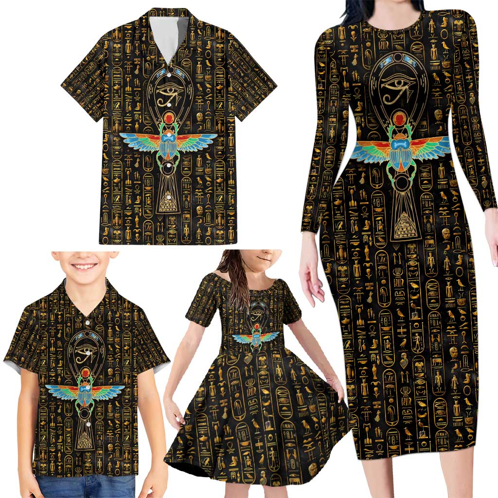 Ancient Pride Family Matching Long Sleeve Bodycon Dress and Hawaiian Shirt African Hieroglyphic Pattern, Eye of Horus, and Sacred Scarab Symbol - Wonder Print Shop