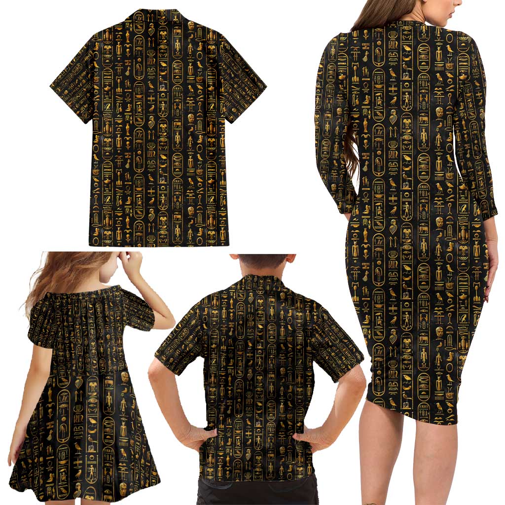 Ancient Pride Family Matching Long Sleeve Bodycon Dress and Hawaiian Shirt African Hieroglyphic Pattern, Eye of Horus, and Sacred Scarab Symbol - Wonder Print Shop