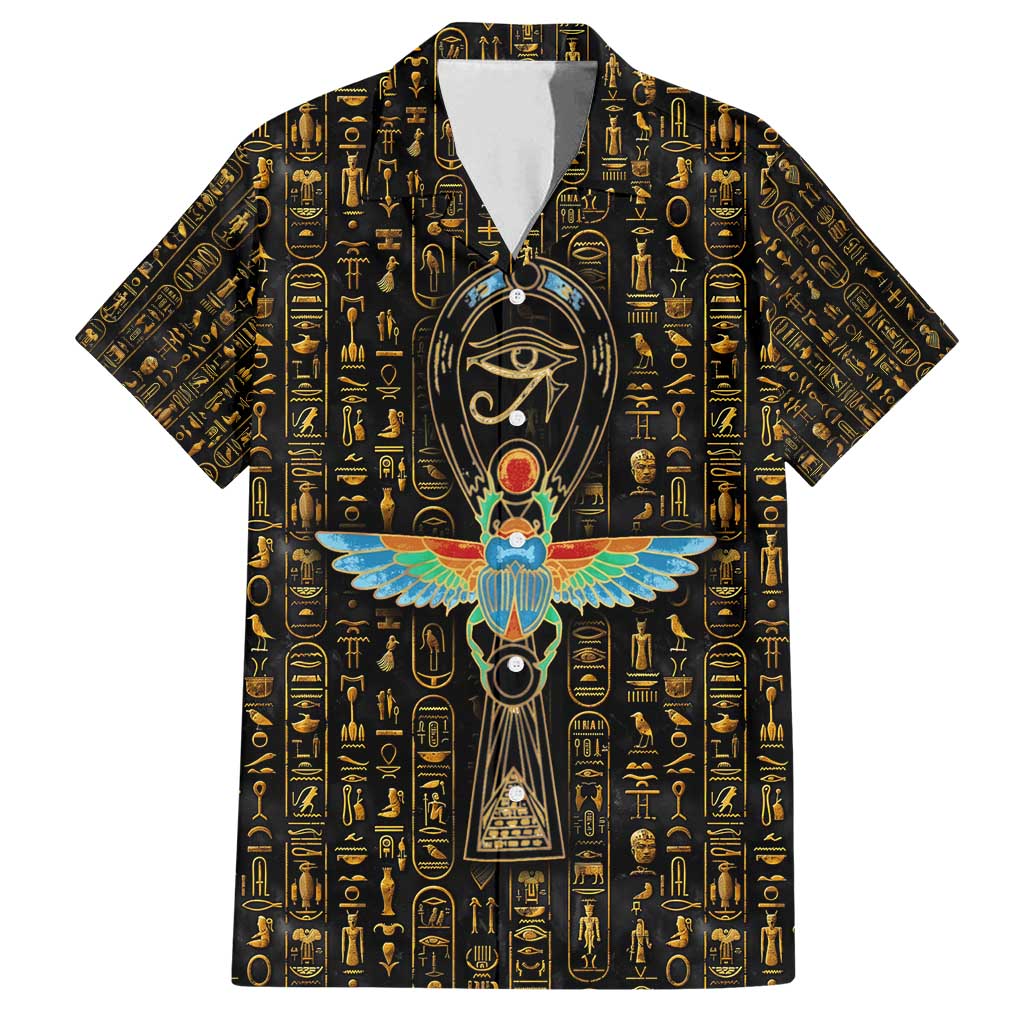Ancient Pride Family Matching Long Sleeve Bodycon Dress and Hawaiian Shirt African Hieroglyphic Pattern, Eye of Horus, and Sacred Scarab Symbol - Wonder Print Shop