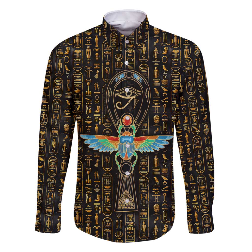 Ancient Pride Family Matching Long Sleeve Bodycon Dress and Hawaiian Shirt African Hieroglyphic Pattern, Eye of Horus, and Sacred Scarab Symbol - Wonder Print Shop