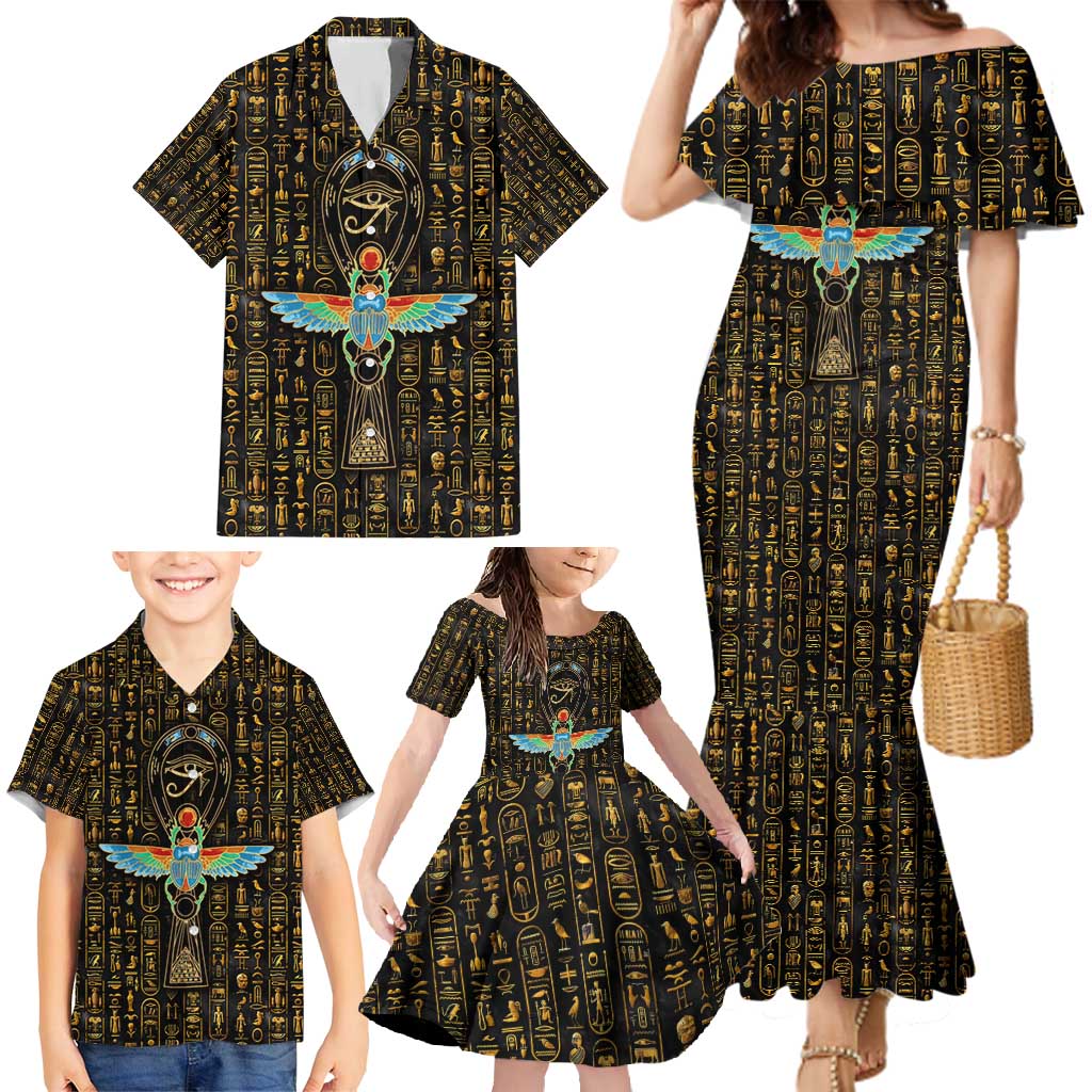 Ancient Pride Family Matching Mermaid Dress and Hawaiian Shirt African Hieroglyphic Pattern, Eye of Horus, and Sacred Scarab Symbol - Wonder Print Shop