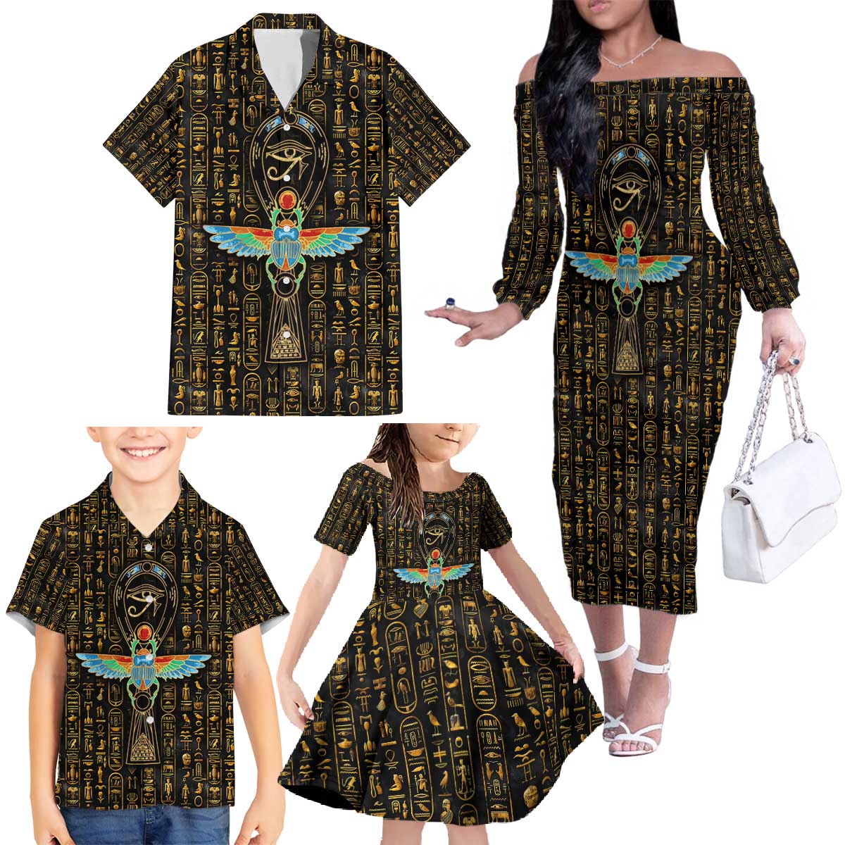 Ancient Pride Family Matching Off The Shoulder Long Sleeve Dress and Hawaiian Shirt African Hieroglyphic Pattern, Eye of Horus, and Sacred Scarab Symbol - Wonder Print Shop