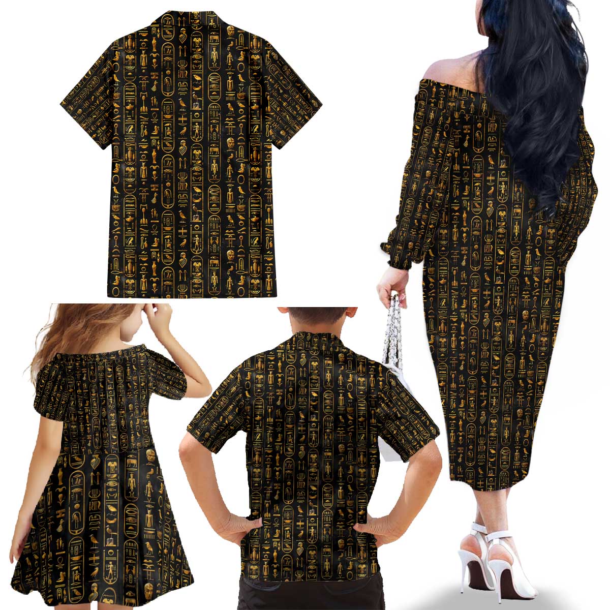 Ancient Pride Family Matching Off The Shoulder Long Sleeve Dress and Hawaiian Shirt African Hieroglyphic Pattern, Eye of Horus, and Sacred Scarab Symbol - Wonder Print Shop