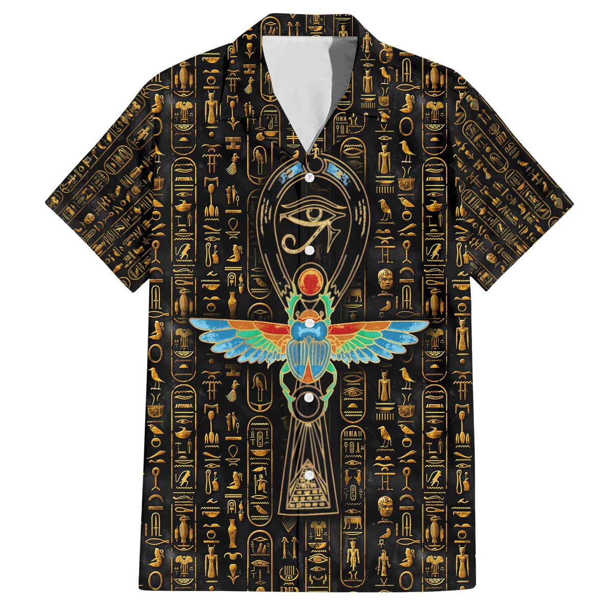 Ancient Pride Family Matching Off The Shoulder Long Sleeve Dress and Hawaiian Shirt African Hieroglyphic Pattern, Eye of Horus, and Sacred Scarab Symbol - Wonder Print Shop