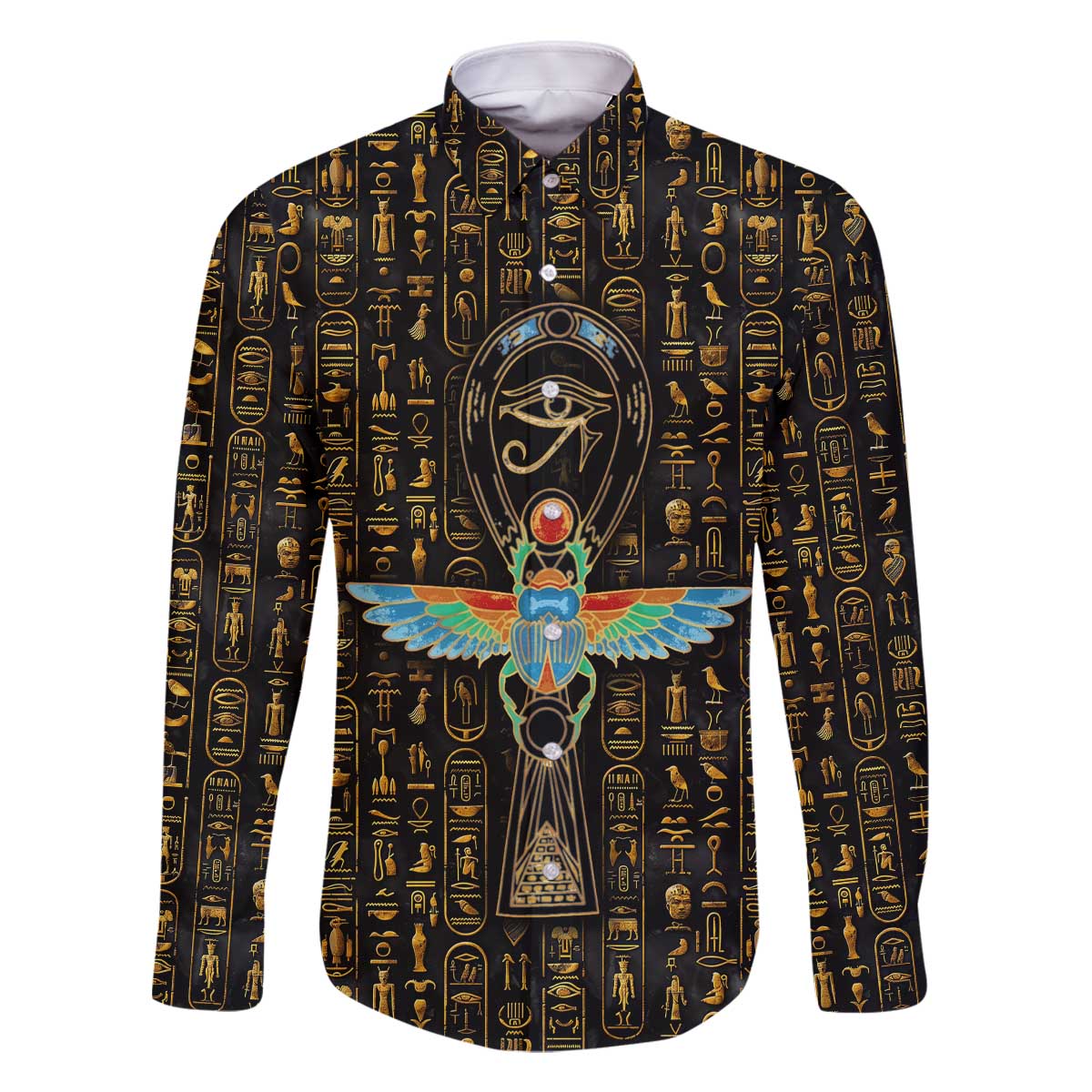 Ancient Pride Family Matching Off The Shoulder Long Sleeve Dress and Hawaiian Shirt African Hieroglyphic Pattern, Eye of Horus, and Sacred Scarab Symbol - Wonder Print Shop