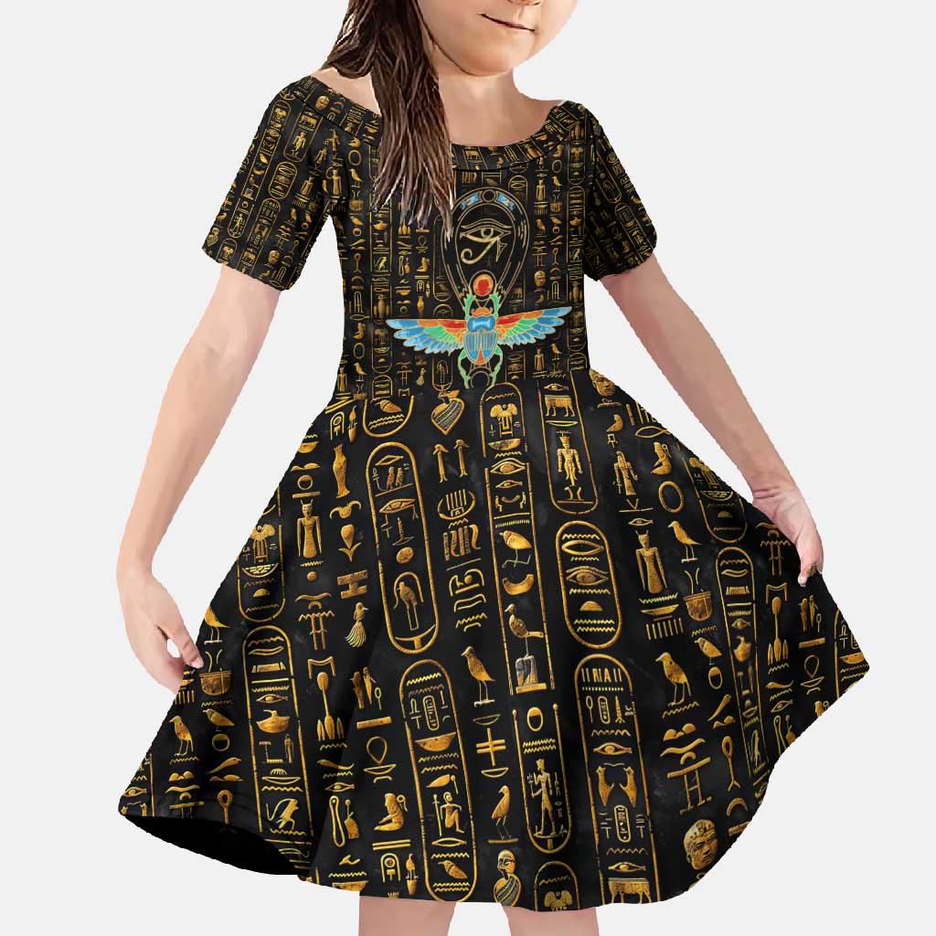Ancient Pride Family Matching Off Shoulder Maxi Dress and Hawaiian Shirt African Hieroglyphic Pattern, Eye of Horus, and Sacred Scarab Symbol - Wonder Print Shop